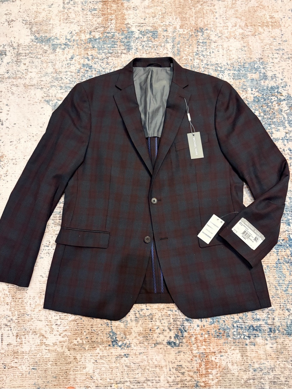 Michael Kors Men's Dark Navy and Burgundy Plaid Sport Coat
